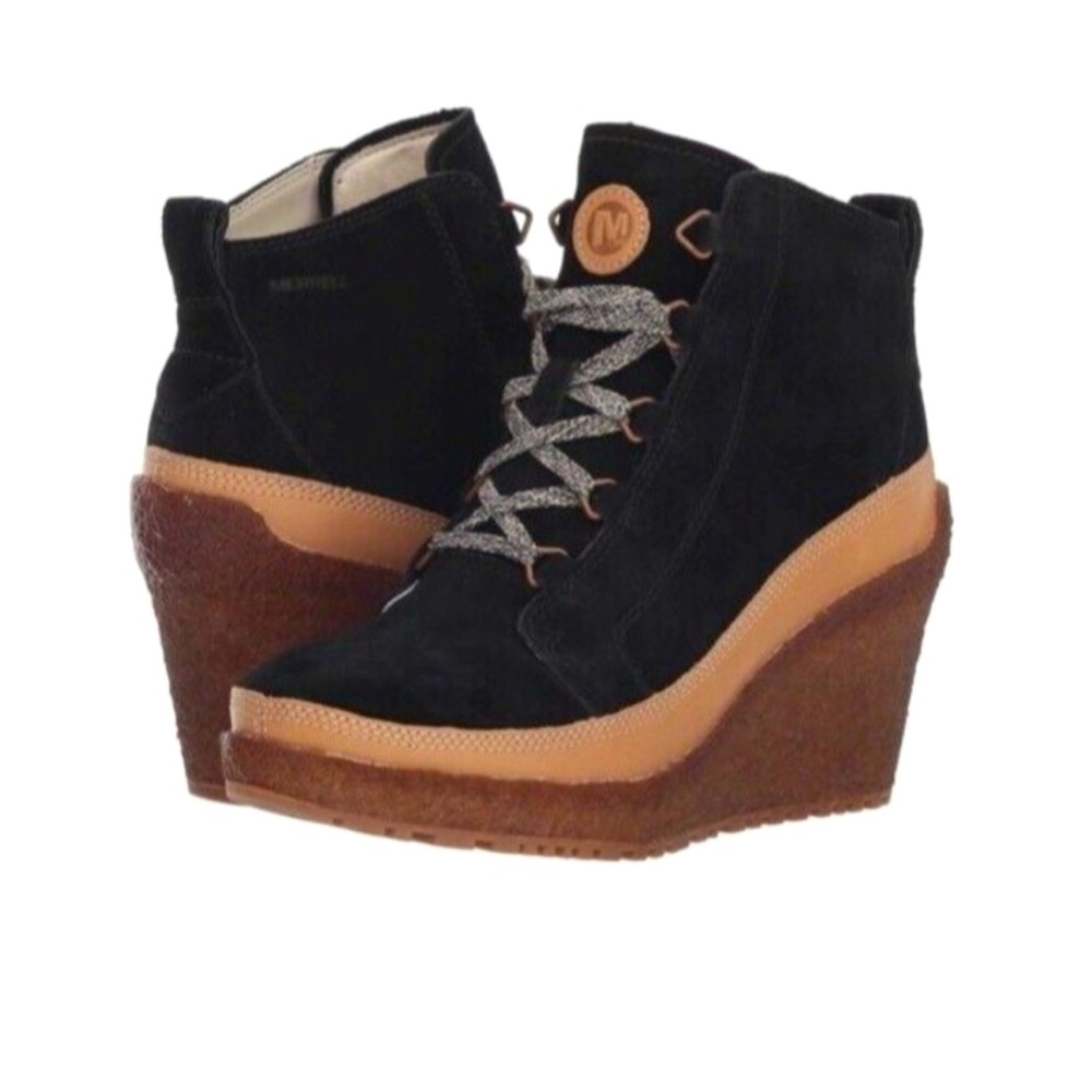 New Merrell Tremblant Wedge Lace Winter Boots Sz 8 Black Suede BLk Leather GUC